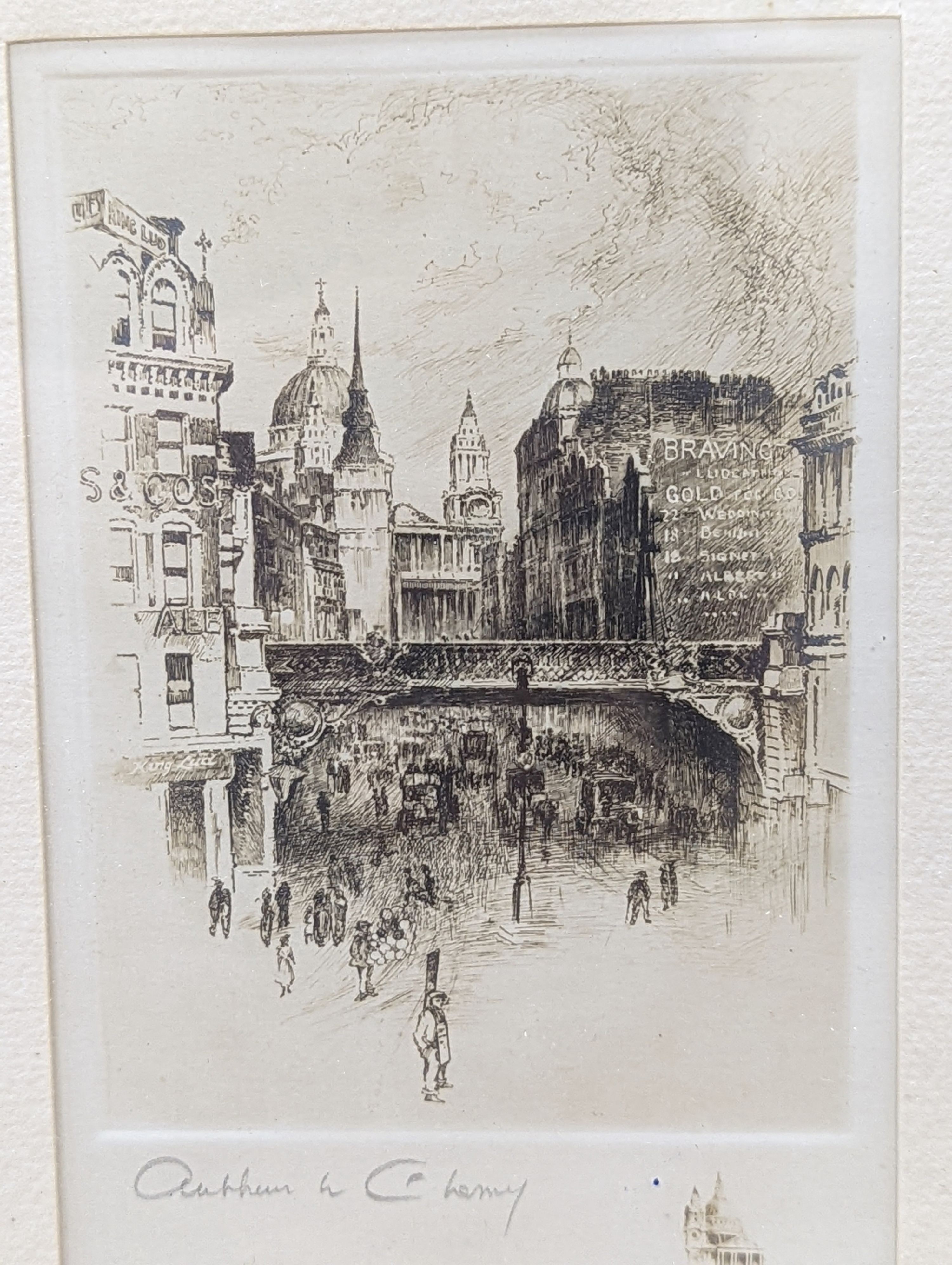 Arthur Cherry, etching, 'Fleet Street', signed in pencil, 11 x 8cm and a Scottish School, drypoint etching, Estuary scene, signed in pencil, 15 x 33cm